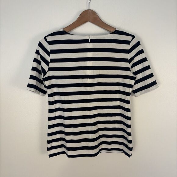 Talbots Womens P Navy Blue and White Stripe Short Sleeve Tee Tshirt Top Zipper - Picture 7 of 7
